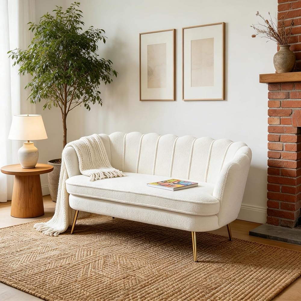 59" W Comfy Small Loveseat for Small Spaces, Upholstered 2-Seat Settee Loveseat with Metal Legs, Boucle, Ivory