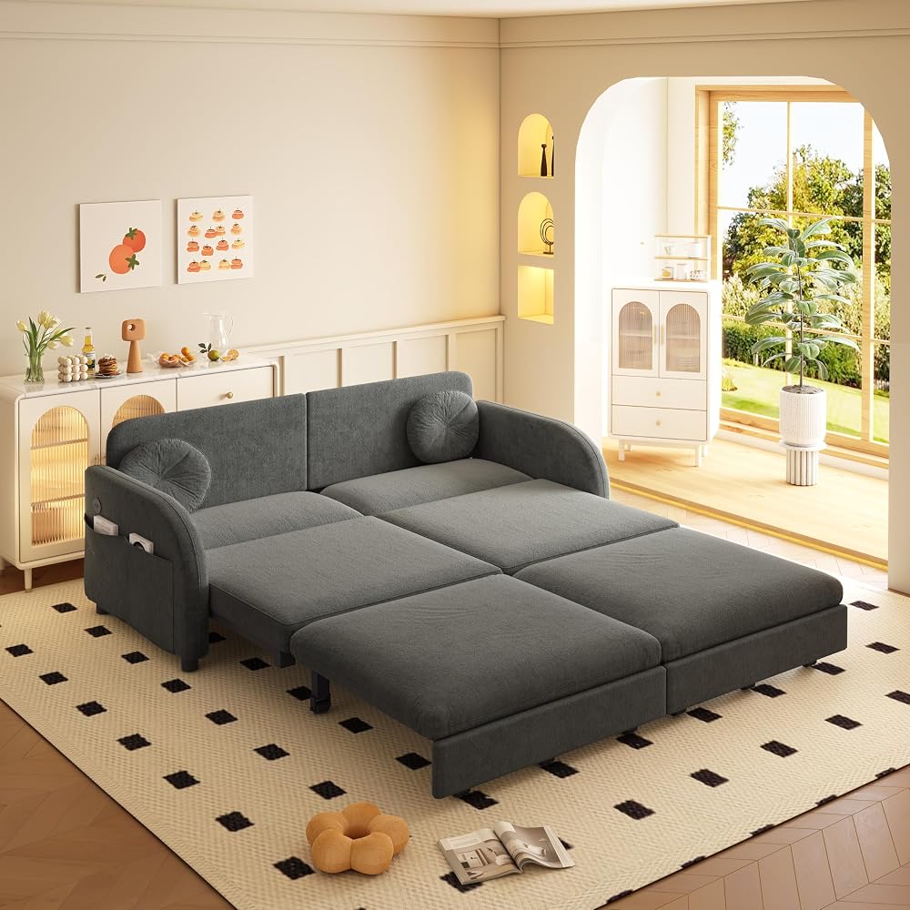 65.4'' Sleeper Sofa Bed Queen Size, 3in1 Convertible Pull Out Couch, Grey