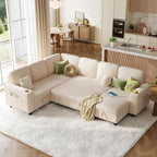 Sectional Sleeper Sofa with Pull Out Couch Bed - Convertible Plush Corduroy Cloud Couch with Storage Chaise & USB Charging, Comfy Modular Couches for Living Room, Beige