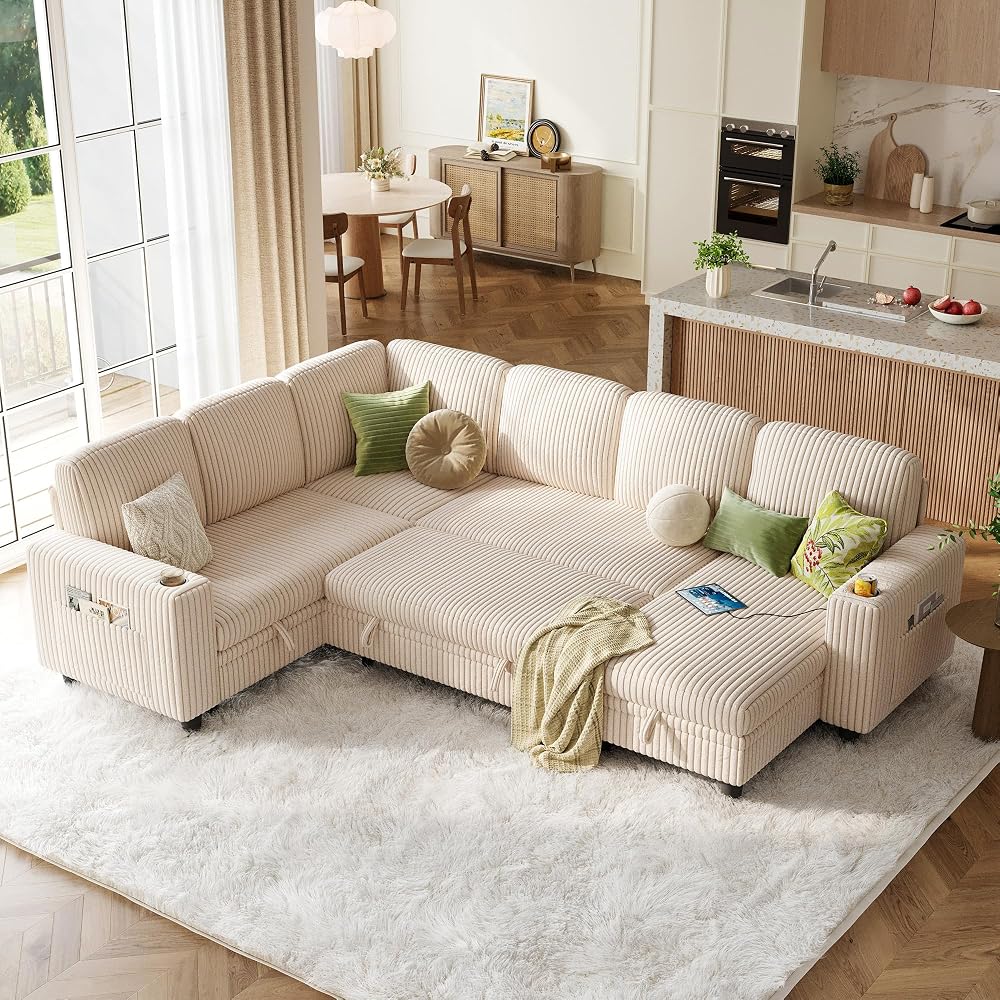 Sectional Sleeper Sofa with Pull Out Couch Bed - Convertible Plush Corduroy Cloud Couch with Storage Chaise & USB Charging, Comfy Modular Couches for Living Room, Beige