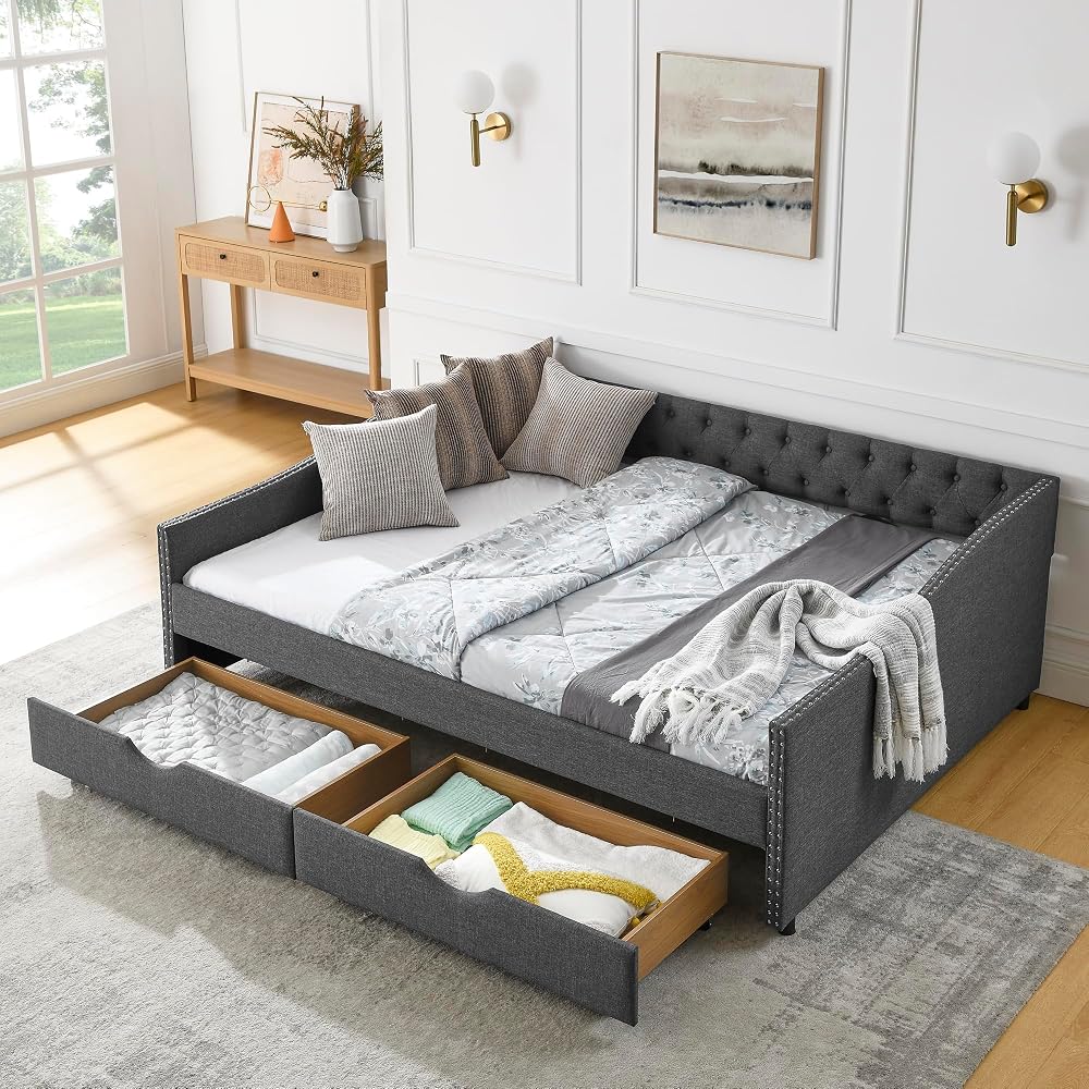 Queen Size Upholstery Daybed with 2 Drawers and Headboard, Mid-Century Style Tufted Sofa Bed with Button on Back, Easy Assembly, No Box Spring Required, for Living Room and Bedroom, Dark Grey