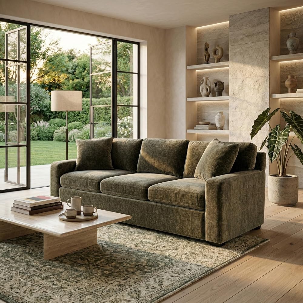 SAFAVIEH Couture - Vasquez 3-Seat Sofa - Dark Green Chenille Upholstery - Ideal for Living Room, Family Room, 92" W x 37.5" D x 34.3" H (SFV6119A)