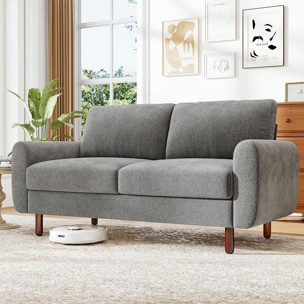 68" Loveseat Sofa, Small Couch for Small Spaces, Mid Century Modern Couch, Comfy Chenille Sofa with Spring Cushion and Wood Frame, Deep Seat Couch for Living Room Bedroom Office, Grey