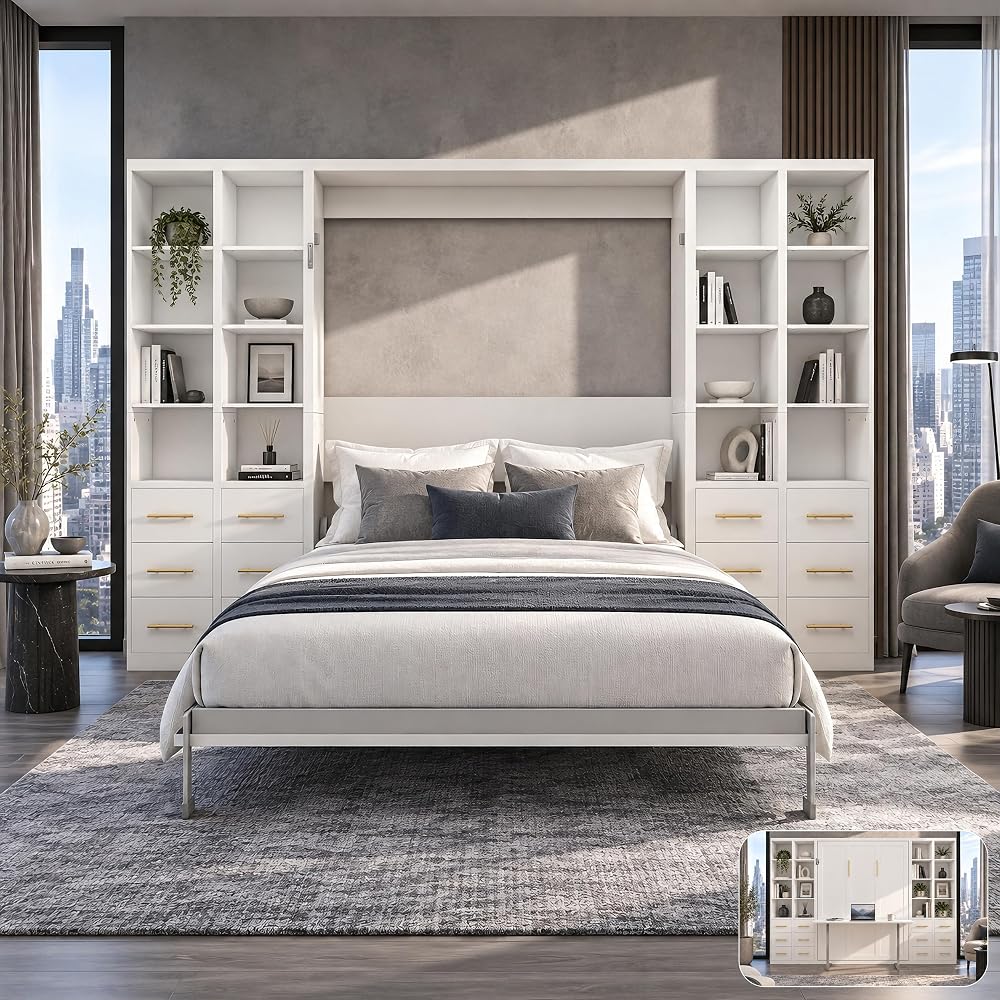 Queen Murphy Bed with Desk and Storage, Space-Saving Wall Bed with Cabinets