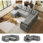 110'' Sectional Couches for Living Room, Pull Out Couch, U Shape 7 Seat Sleeper Sofa with Storage Chaise and Pillows, Removable Sofa Cover, Cups Holders, USB Charging Station, Grey
