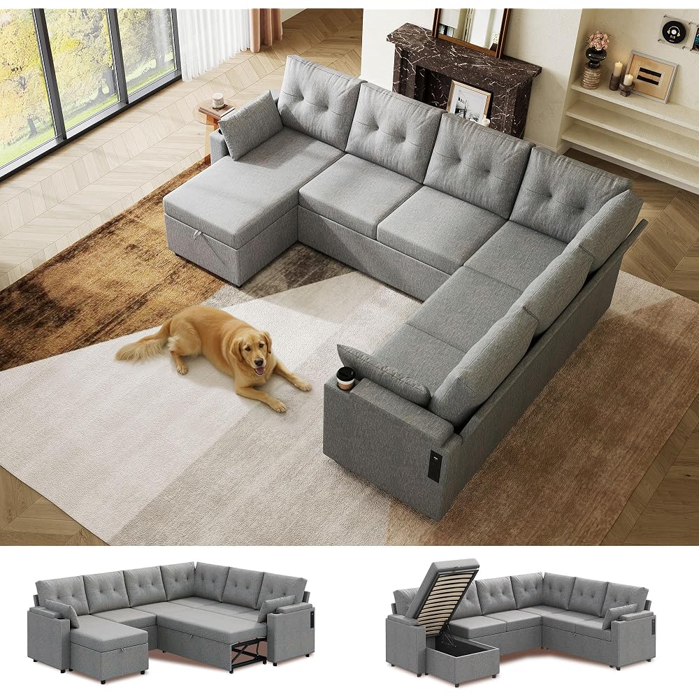 110'' Sectional Couches for Living Room, Pull Out Couch, U Shape 7 Seat Sleeper Sofa with Storage Chaise and Pillows, Removable Sofa Cover, Cups Holders, USB Charging Station, Grey