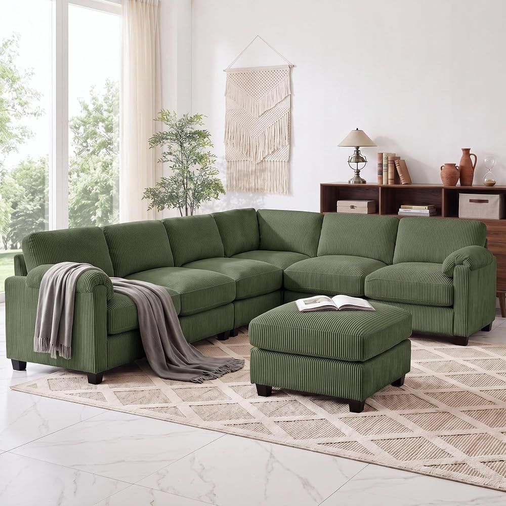 115'' U Shaped Modular Sectional Sofa, Corduroy Cloud Couch with Deep Comfy Seat & Movable Ottoman,Oversized 7-Seater Sofa for Living Room, Green