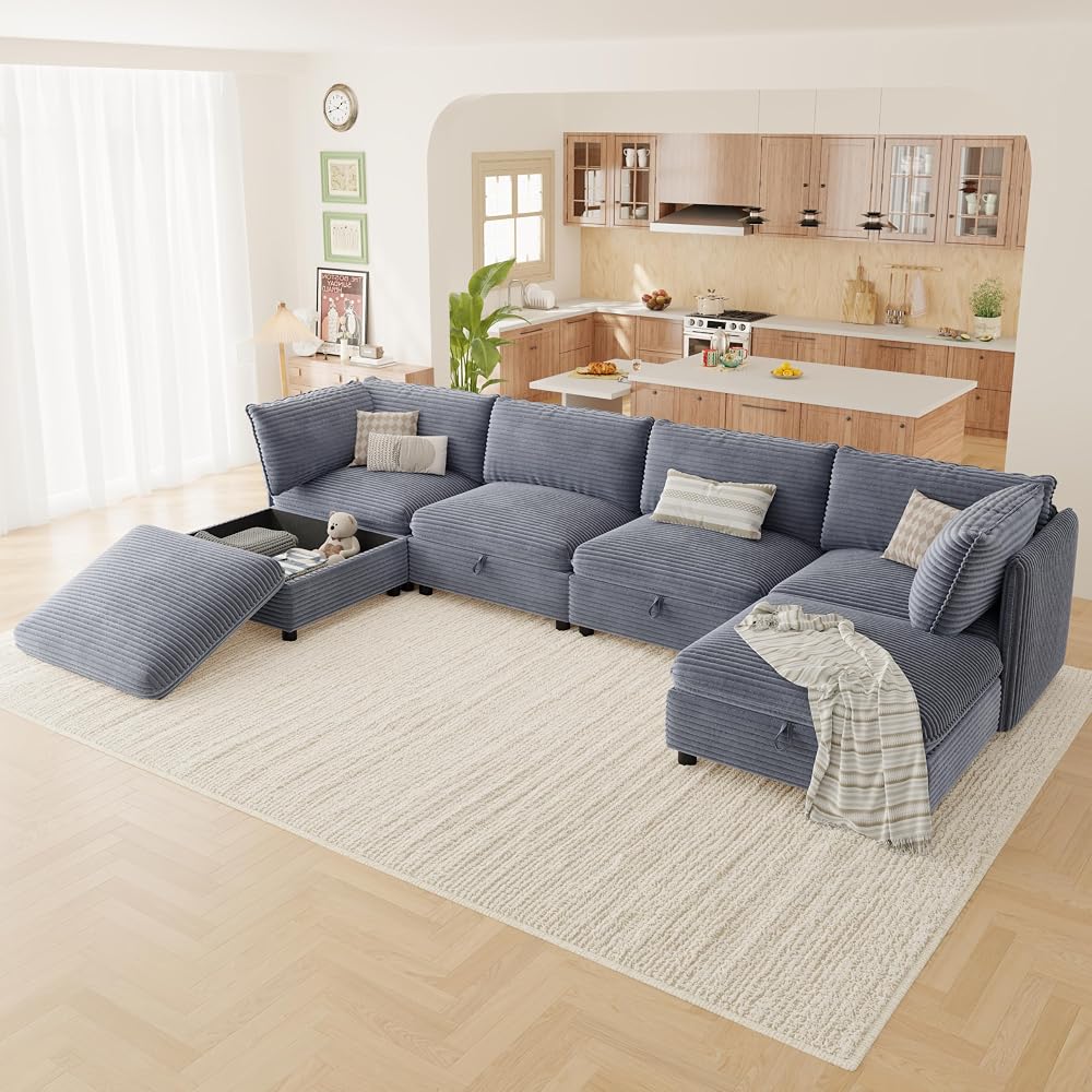 125'' Modular Sectional Sofa,FSC Certified 6 Seater Sectional Sofa,Corduroy Modern Couch with Removable Covers,Modern Couch with Ottoman,U Shaped Couch with Storage,Gray Couches for Living Room