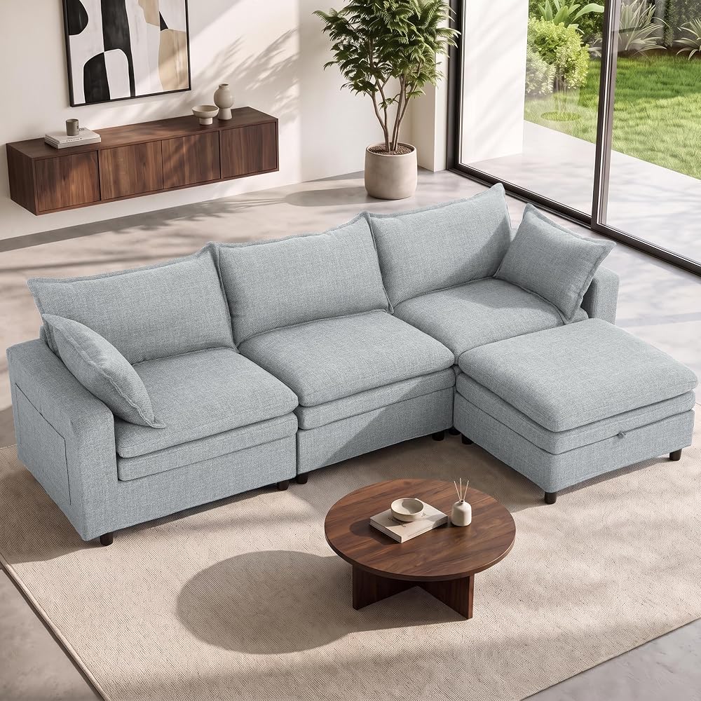 115" Oversized L Shaped Couch, Down Blend Sectional Couches,Deep Seat Big Comfy Couch with Movable Ottoman,Solid Wood Frame,Home Sofa Living Room,Bedroom,Removable Cover, Grey